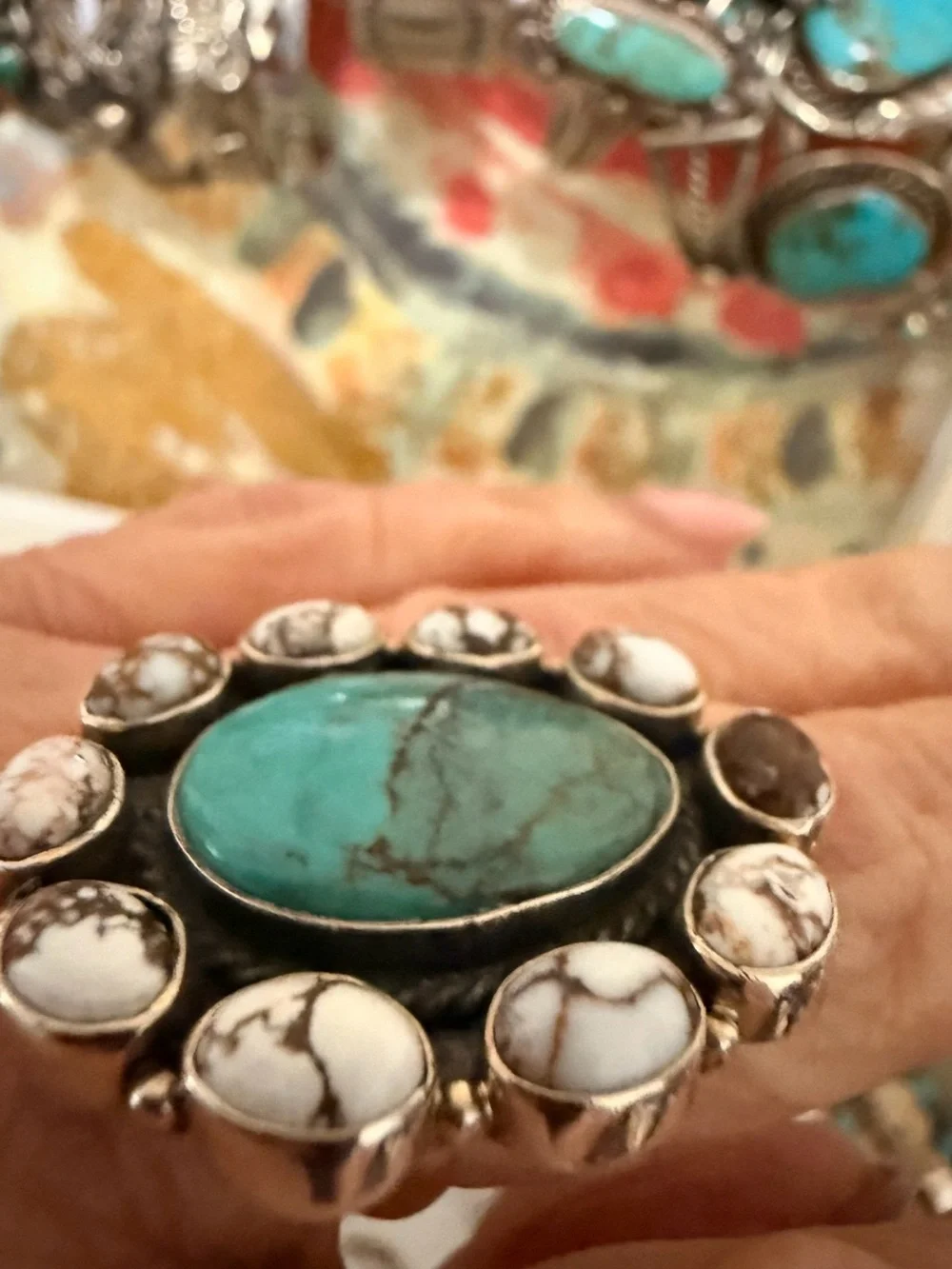 Sterling Silver , Genuine turquoise and white buffalo cluster ring